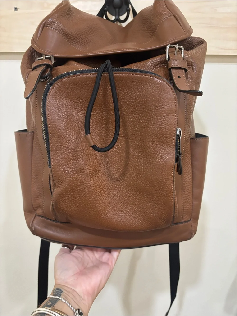 Leather Brown Backpack with Front Pocket - Unbranded